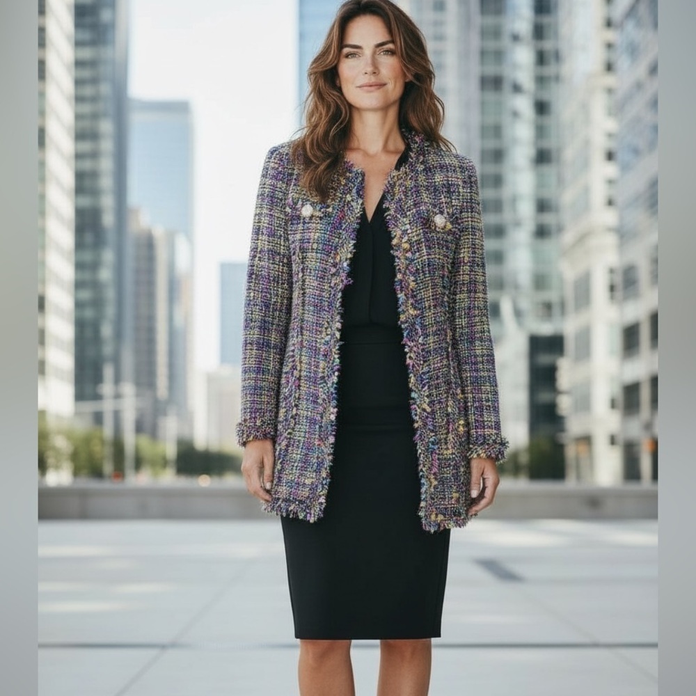 NWT Beautiful Pink Yellow Blue Tweed Coat S M